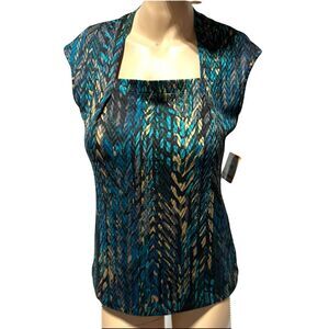 Kasper Size S Shirt Top Teal Printed Square Neck Travel Stretch Cap Sleeve NWT